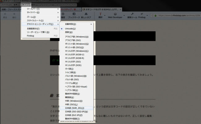 ブラウザの文字コード設定