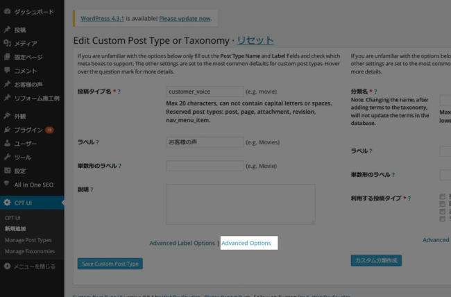 Advanced Optionsをクリック