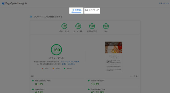 Pagespeed Insightsのスコア